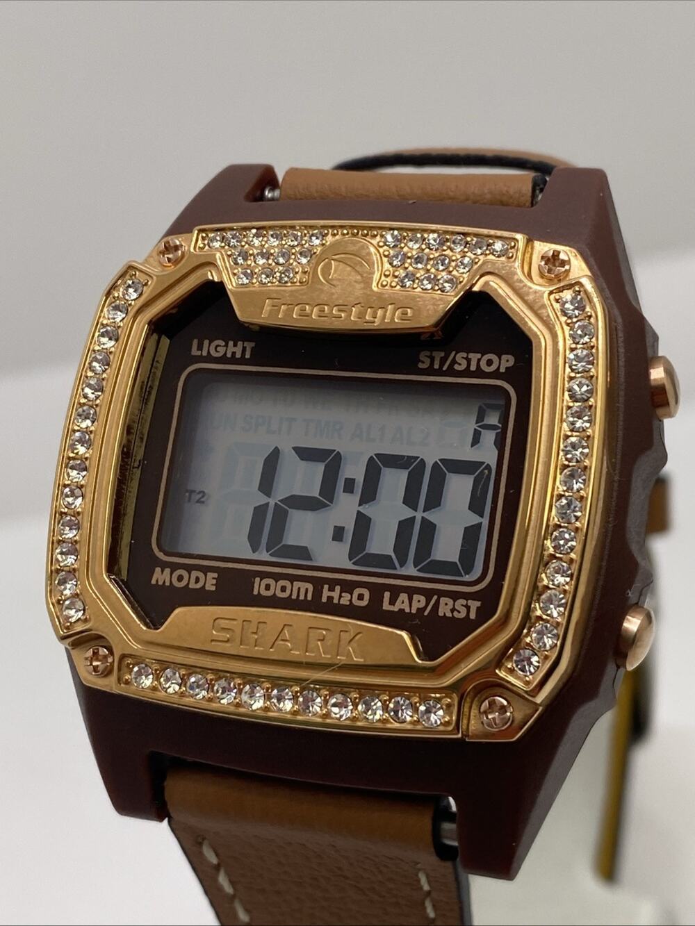 Freestyle Shark Rosegold Rhinestone Brown Leather Band Surfing Watch New Battery